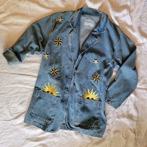 🎩 Vintage Zone Blu Celestial Denim Blazer with Embroidery Detail